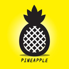 Pineapple Vector. Black Ananas Symbol on Yellow Background.