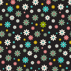 Seamless Pattern. Dark Vector Background - Retro Flowers.