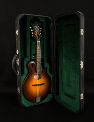 mandolin in a black case on a dark background