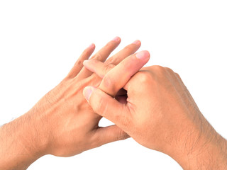 Finger knuckle cracking on the white background, addicted, addic