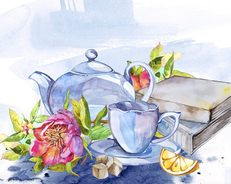 Collection of hand drawn illustration on the theme tea. Watercolor set. Menu design.
