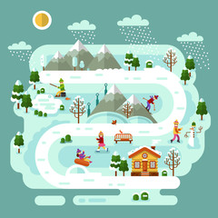 Naklejka premium Flat design vector nature winter landscape illustration with house, girls and boys skiing and ice skating, pond winter fishing, snowman, bench, mountains, trees, snow, snowflakes. Ski resort concept.