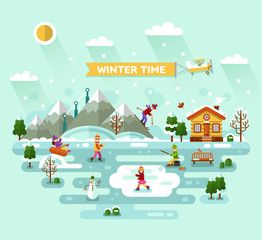 Flat design vector nature winter landscape illustration with house, skiing and ice skating, fishing, snowman, bench, mountains, trees, snowflakes. Airplane with banner. Winter time, resort concept.