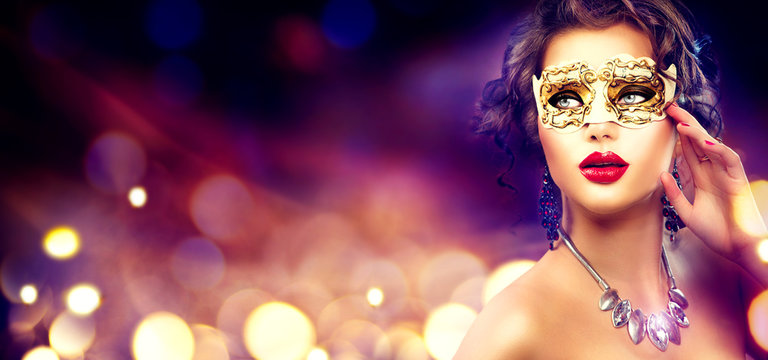 Beauty Model Woman Wearing Venetian Masquerade Carnival Mask At Party