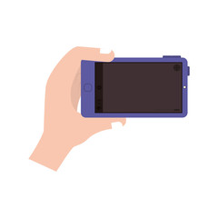 human hand taking a photo with camera of smartphone portable device. vector illustration