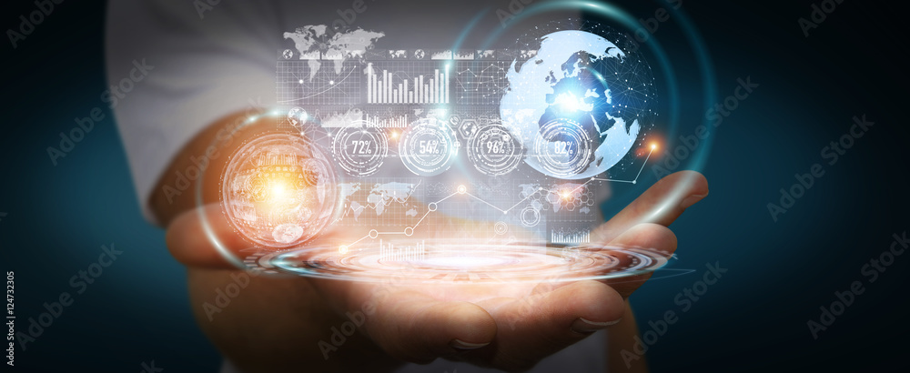 Poster businessman using hologram screen with digital data