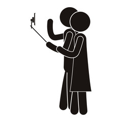 avatar pictogram person using a selfie stick and smartphone device taking a photo selfie. vector illustration