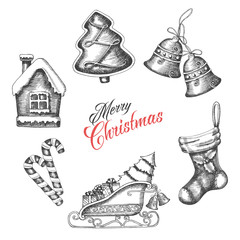 Hand-drawn set of vintage Christmas objects and symbols. Sketch. Happy New Year