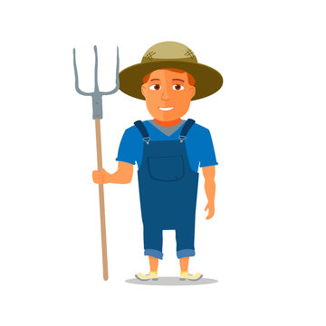 Cartoon Farmer Character with pitchfork. Vector
