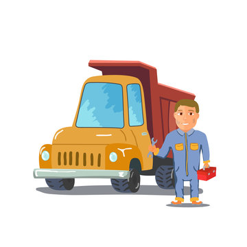 Cartoon mechanic with Truck on white background. Vector