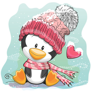 Cute Penguin in a knitted cap