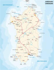 Road map of the italian mediterranean island sardinia