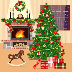 Christmas decorated room with xmas tree, fireplace and window. Flat style