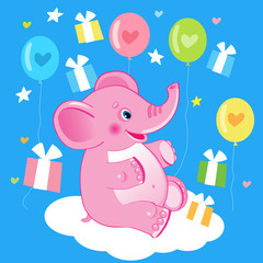 Obraz na płótnie Canvas Happy Birthday Picture. Cute Elephant Vector Illustration. Cute Elephant Plush With Milk. Elephant Costume. Elephant Gifts.