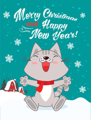 Funny Cute Cat Wished A Happy New Year, In Winter Landscape. Cartoon Animal Vector. Funny Cat Picture. Funny Cat Poster.
