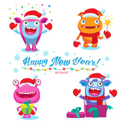 Funny Christmas Monsters Set. Cute Christmas Theme For Card Design Vector Illustration. Colorful Cartoon New Year Monsters Characters.