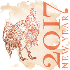 Fototapeta na wymiar Concept drawing for year of rooster 2017. Crowing Cock - Symbol of New Year 2017. Linear hand drawing on grunge spot texture background. EPS10 vector illustration.