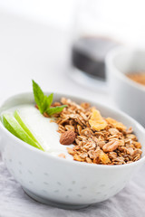 Granola with yogurt and apples in a bowl for breakfast, closeup