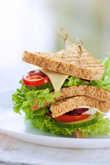 Homemade tasty vegetarian sandwich with fresh vegetables and cheese, closeup