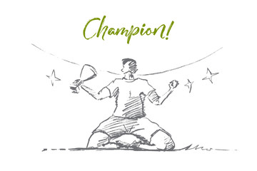 Vector hand drawn champion sketch. Sportsman or football player sitting with victory cup in hand on stadium grass. Lettering Champion