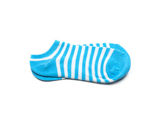 Striped blue socks isolated on white.