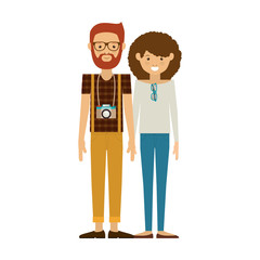 hipster couple woman and man smiling with camera around his neck. vector illustration