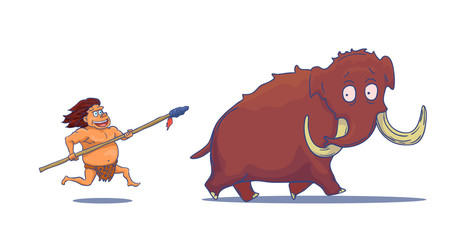 Cartoon Caveman with Spear hunting Mammoth. Vector