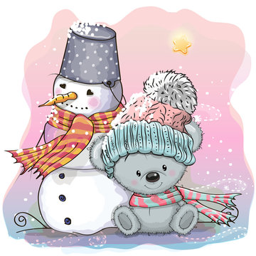 Cute Bear and snowman