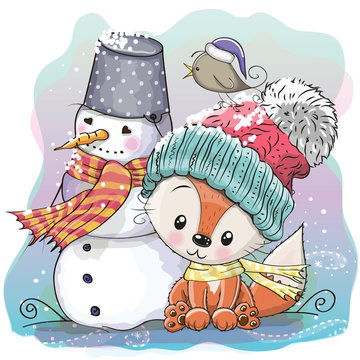 Cute Fox and snowman