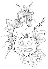 Beauty lady with pumpkin and floral vector image