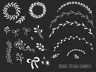 Collection of hand drawn doodle design elements isolated on black background. Set of handdrawn borders, laurel wreaths, floral dividers, ribbons. Abstract hand sketched shapes. Vector illustration.