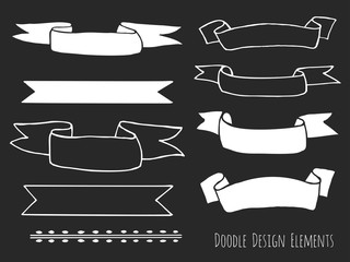 Collection of hand drawn doodle design elements isolated on black background. Set of handdrawn dragonfly, borders, laurel wreath, floral dividers, bunting flags. Sketched shapes. Vector illustration.