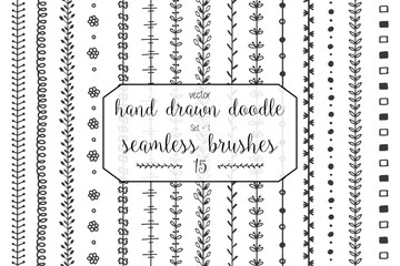 Set of hand drawn doodle seamless decorative brushes for dividers, borders, ornaments, frames, borders and design elements isolated on white background. Vector brushes are included in the brush panel.