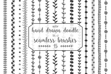 Set of hand drawn doodle seamless decorative brushes for dividers, borders, ornaments, frames, borders and design elements isolated on white background. Vector brushes are included in the brush panel.