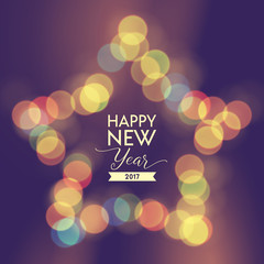 Happy New Year 2017 greeting card. Typographic vector design, beautiful vintage bokeh star background.
