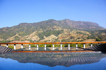 The mountain view and the reflection on the table