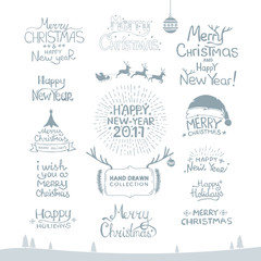 Merry Christmas. Happy New Year, 2017. Typography set. Vector logo, emblems, text design. Usable for banners, greeting cards, gifts etc