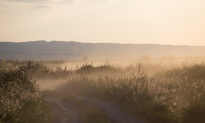 The road to the background of the rising sun