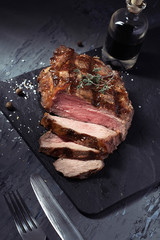Closeup of cut medium rare roast beef steak