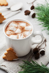 Cup of hot cocoa or chocolate with marshmallow and cookies on white table. Traditional winter drink.