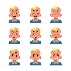 Little boy face expression, set of cartoon vector illustrations isolated on white background. Blond male kid emoji face icons, facial expressions, set of baby boy avatars with different emotions
