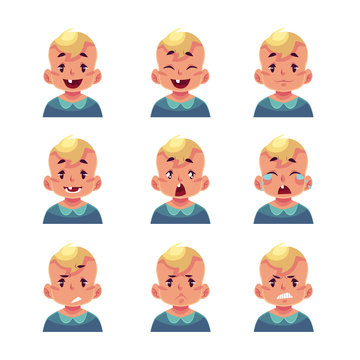 Little boy face expression, set of cartoon vector illustrations isolated on white background. Blond male kid emoji face icons, facial expressions, set of baby boy avatars with different emotions