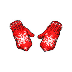 Pair of bright red winter knitted mittens with snowflakes, sketch style vector illustrations isolated on white background. Hand drawn woolen mittens with knitted snoflakes, winter accessory