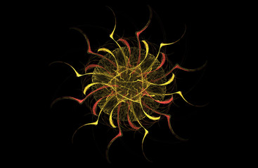 Fractal decorative illustration of purple abstract yellow burgundy sun on a black background