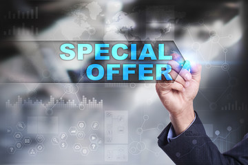 Business is drawing on virtual screen. special offer concept.