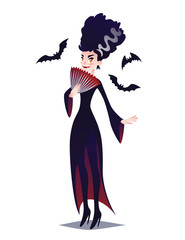 Cute Vampire lady with fan and bats.
