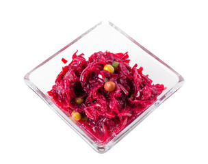 Beetroot salad with green peas.