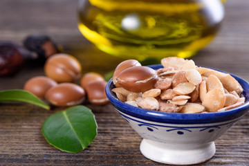 Close up of Argan fruits and oil