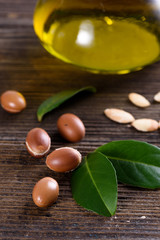 Close up of Argan fruits and oil