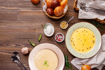 Various soups on the table, top view.